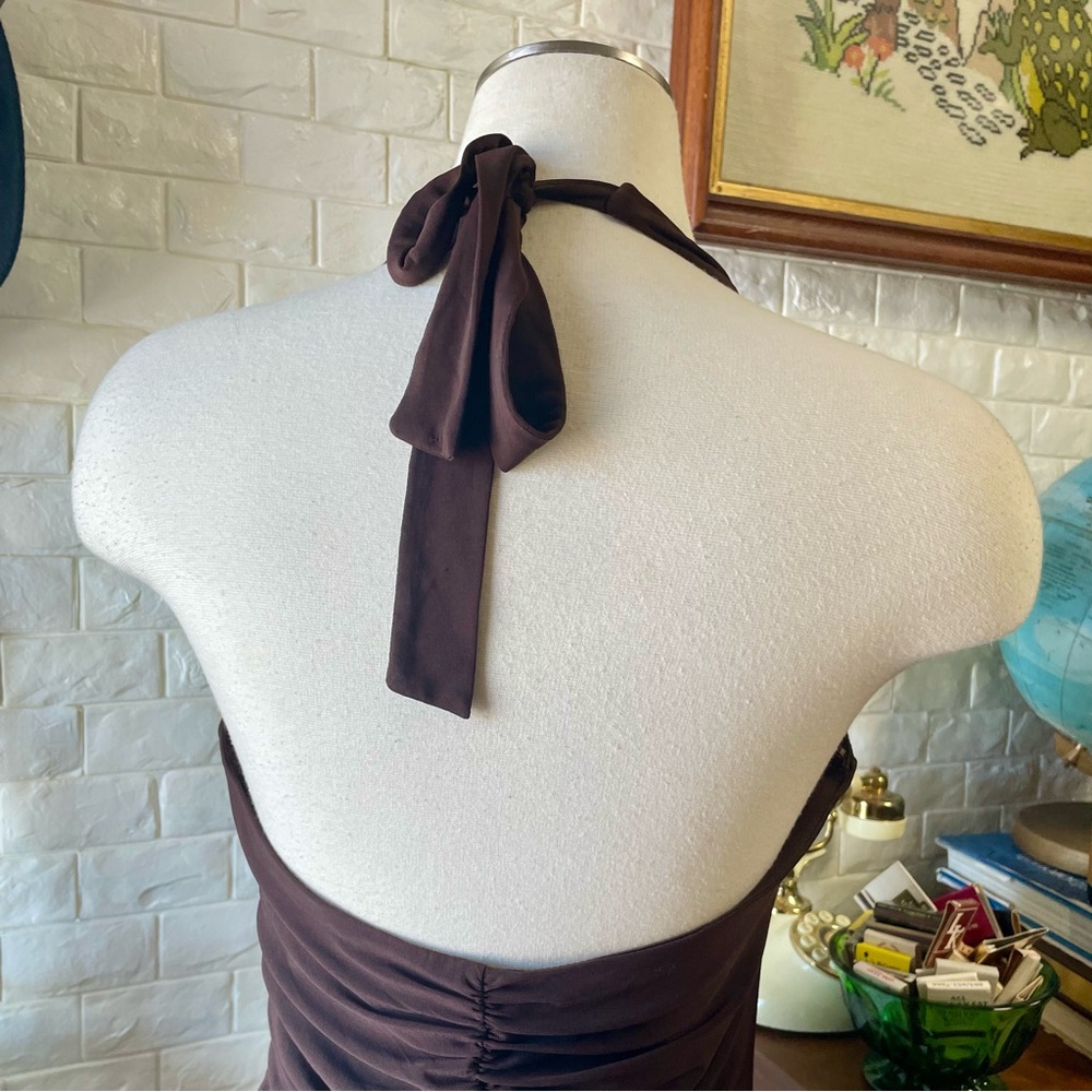 VTG Y2K BCBG MAXAZRIA Brown Ruched Halter Chiffon Ribbon Asymmetrical Dress - Picture 14 of 16
